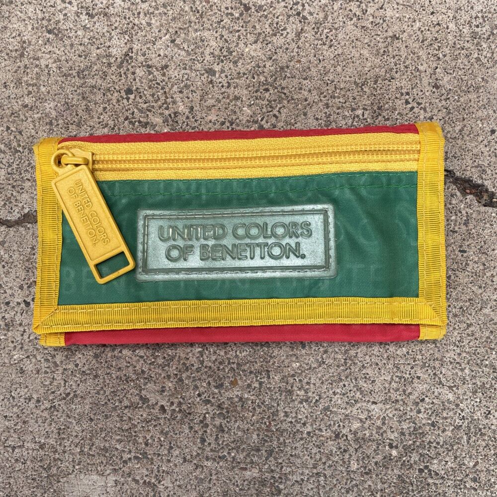 Vintage United Colors of Benetton Tri Fold Wallet Colorblock Nylon 90s Red Blue
